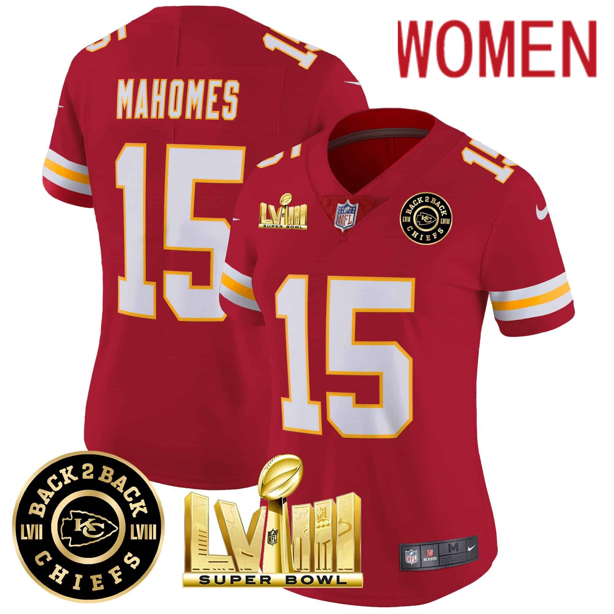 Women Kansas City Chiefs #15 Mahomes Red 2024 Nike Super Bowl LVIII & Back-2-Back Patch Vapor NFL Jersey style 3->women nfl jersey->Women Jersey